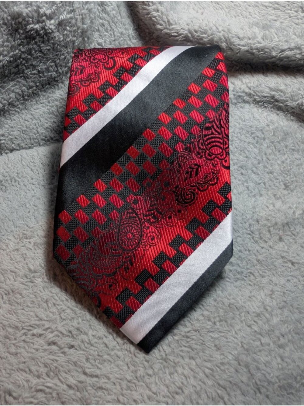 Avanti Uomo Red & Black Checkered Tie With Paisley Pattern & White Stripe Accent